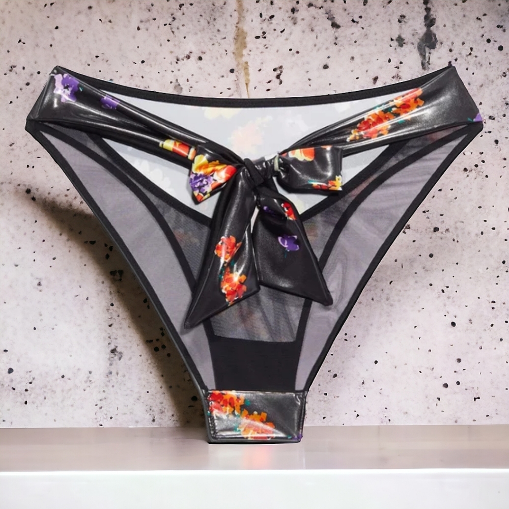 SAVAGE X FENTY NIGHT BLOOMS HIGH- LEG BIKINI- BLACK CAVIAR BEDTIME BOUQUET  SZ S